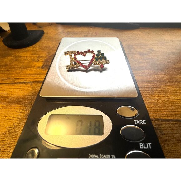 VTG Fashion Jewelry Rhinestone Brooch I Love Christmas Tree Red Green Clear Holi - Picture 4 of 5